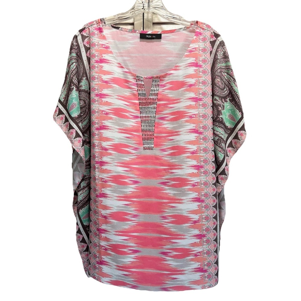 Style & Co Pink/Green Abstract/Paisley Flutter Sleeve‎ Blouse Rhinestones Sz 1X